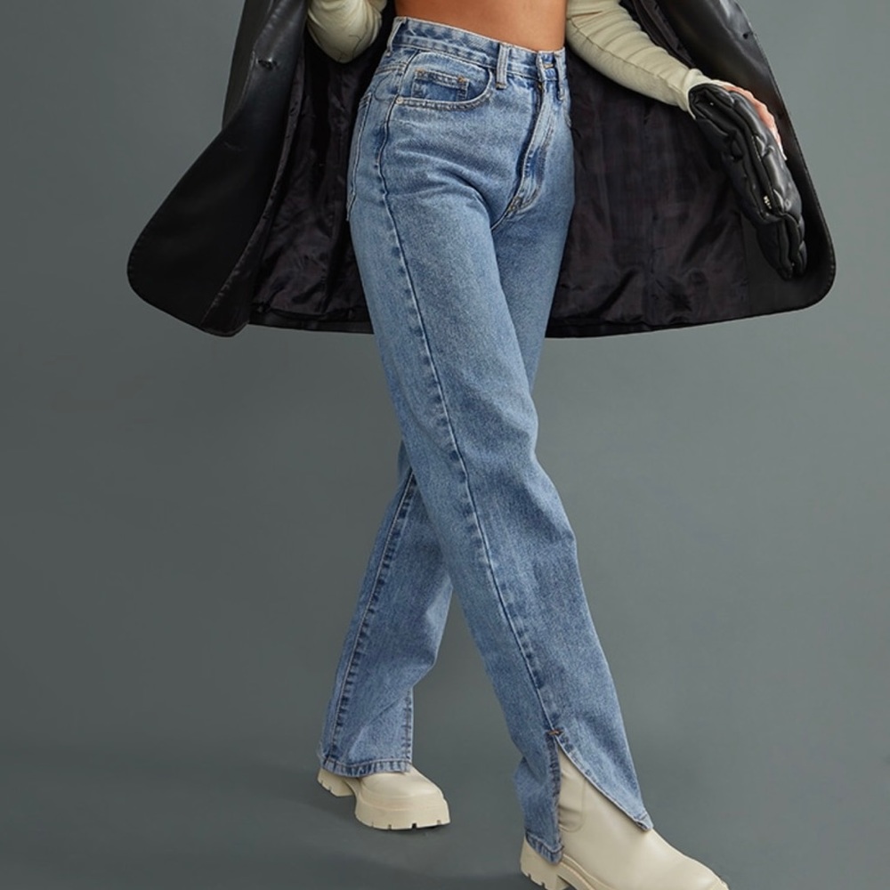 Petite Mid Blue Wash Split Hem Jeans